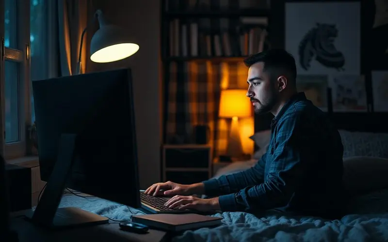Homem trabalhando no computador em seu quarto